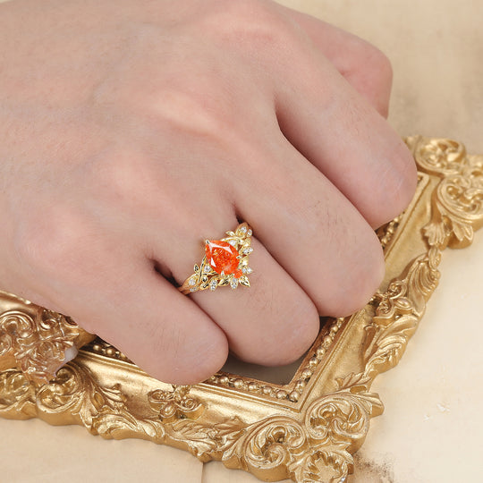 Set Nuziale con Pietra di Sole a Forma di Pera Ispirato alla Natura Anello di Fidanzamento Set Nuziale Romantico Anello Enhancer