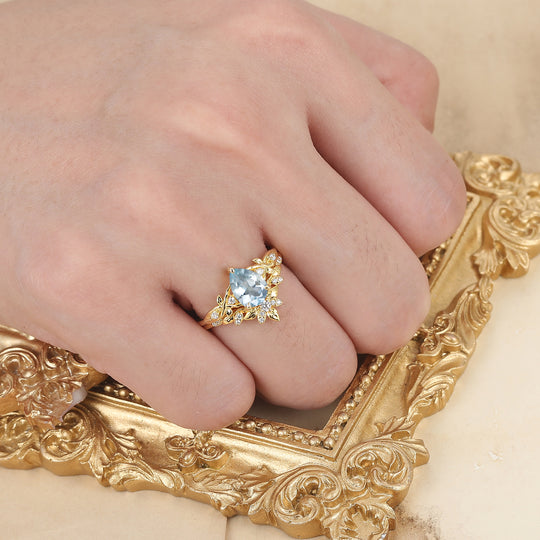 Vine Leaf Design Pear Cut Aquamarine Women Ring Set Vintage Aquamarine Yellow Gold Rings
