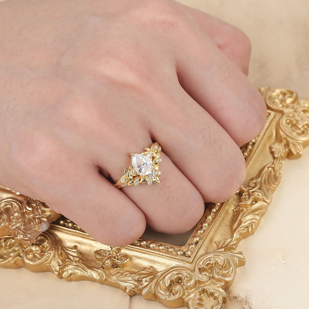 Nature Inspired Pear Moissanite Wedding Set Engagement Ring Romantic Bridal Set  Enhancer Ring