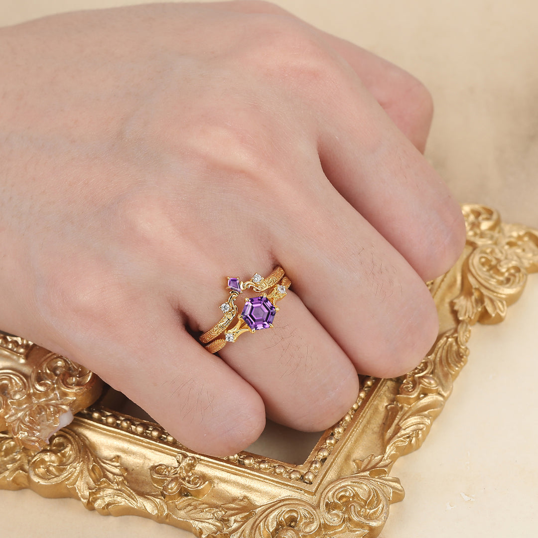 Vintage Royal Amethyst Bridal Set  Engagement Ring Romantic Enhancer Ring