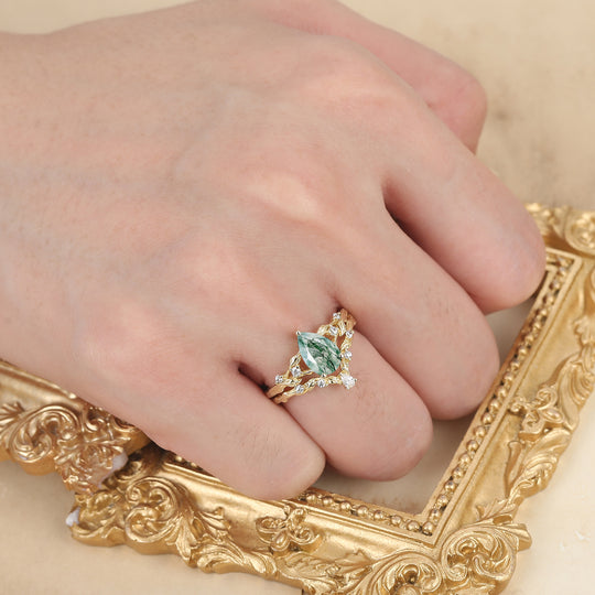 Fiery Natural Moss Agate Vine Engagement Ring Romantic 14K Yellow Gold Bridal Set Engagement Ring