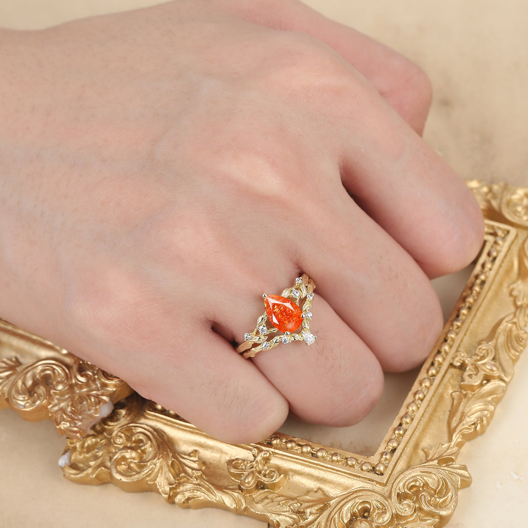 Fiery Orange Sunstone Vine Bague de Fiançailles Ensemble Romantique de Mariage Bague de Fiançailles