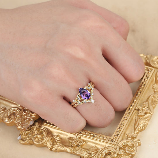 Pear Cut Amethyst Vine Engagement Ring Romantic Bridal Set  Engagement Ring