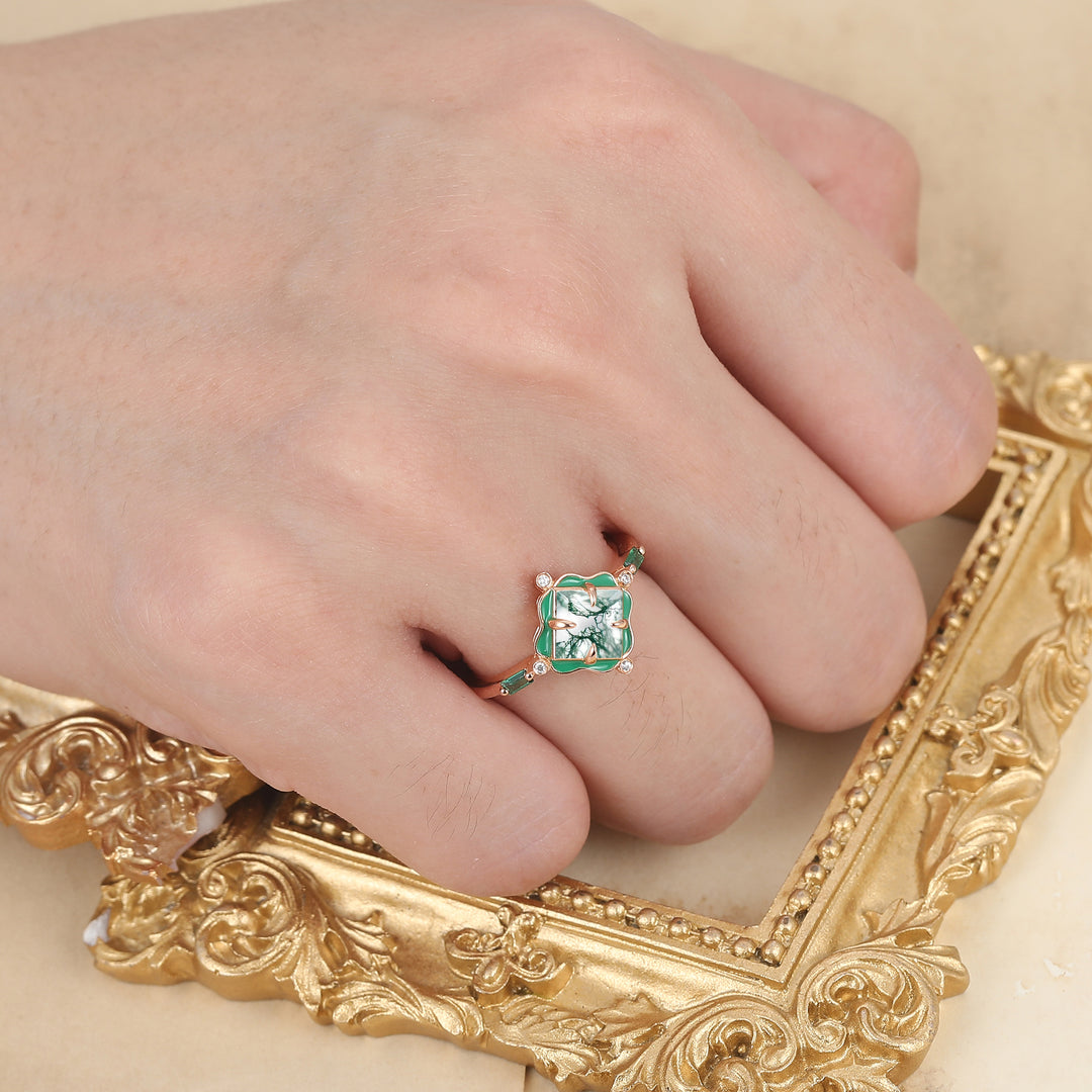 Unieke natuurlijke mosagaat stelringen in bloemenstijl, Art Deco, groen, met hars gecoat voor hem en haar