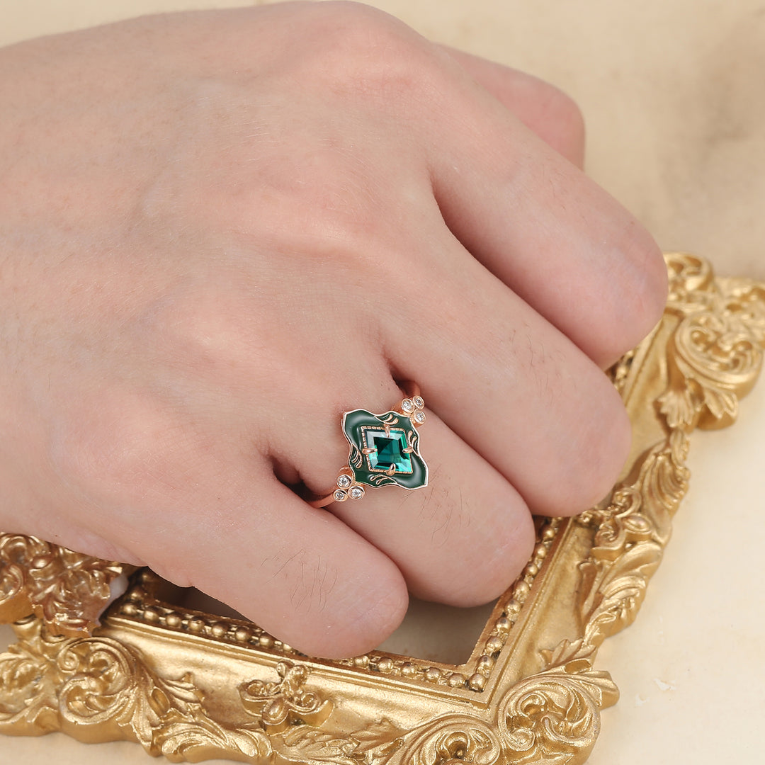 Art Deco Rhombus Cut Emerald Resin-coated Couple Rings Vintage Inspired Matching Ring Set