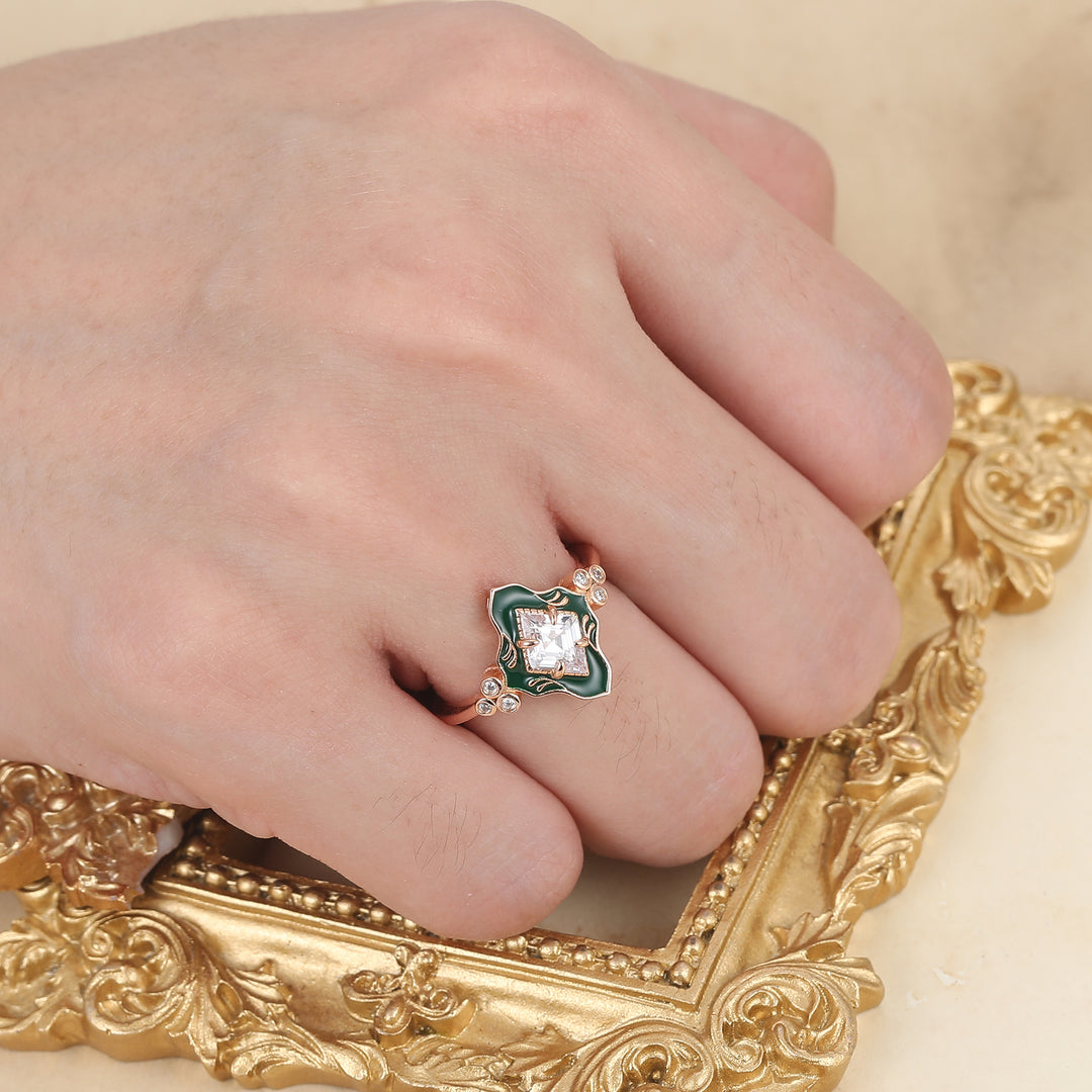 Green Resin Princess Cut Moissanite Ring Rose Gold Vintage Art Deco Engagement Ring