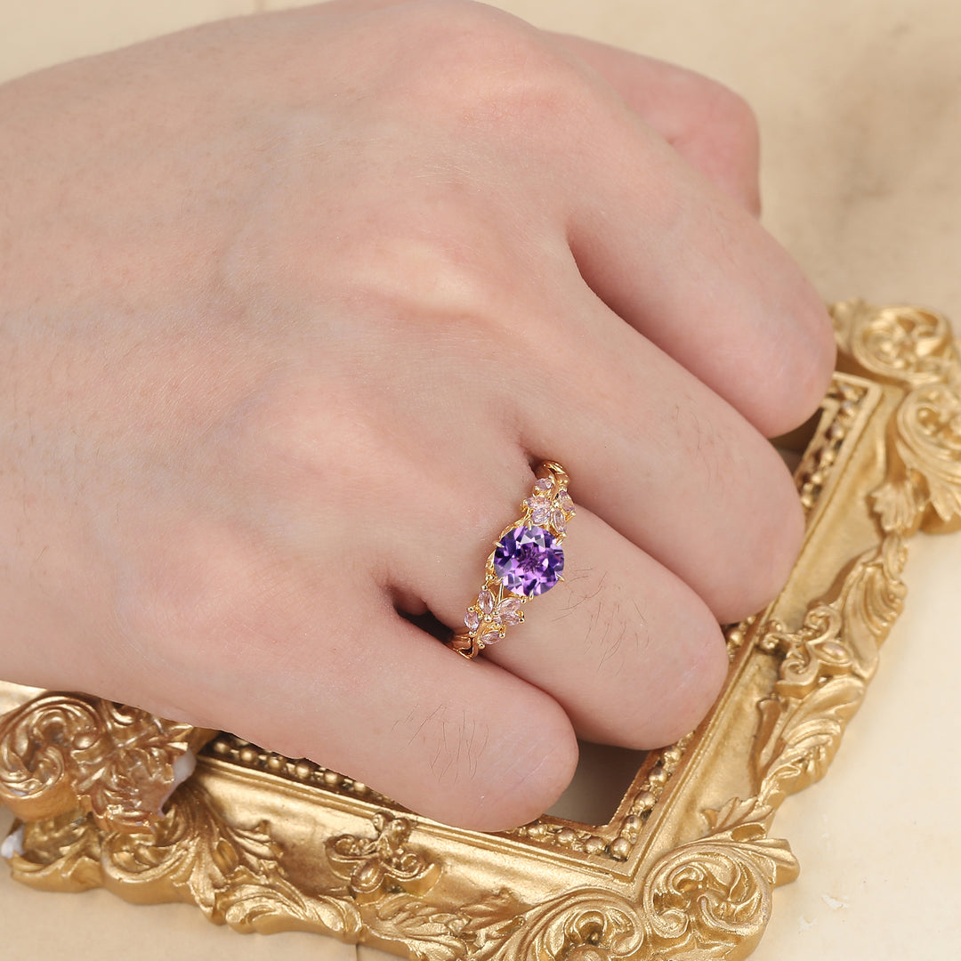 Dainty Amethyst Cluster Bague de Fiançailles Bande Feuille Or Rose 14K Bague Femme