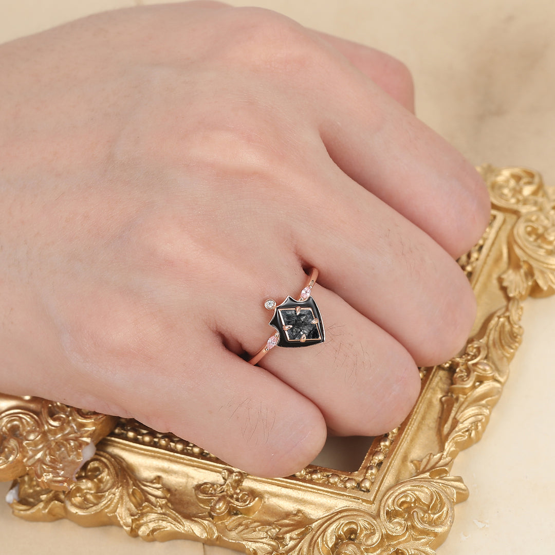 Vintage Rose Gold Rhombus Cut Black Rutilated Quartz black Resin Engagement Ring