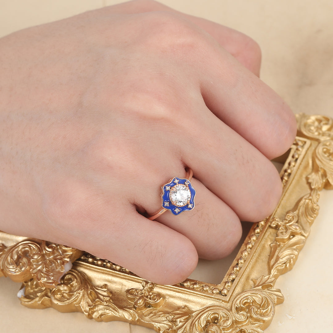 Vintage Style Blue Resin & Round Moissanite Vintage Engagement Ring
