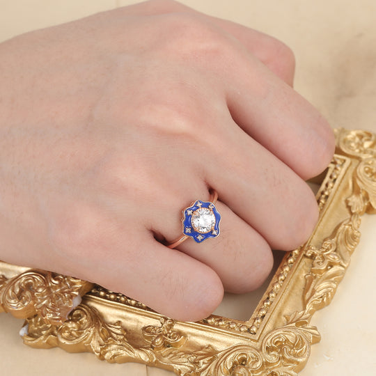 Vintage Style Blue Resin & Round Moissanite Vintage Engagement Ring