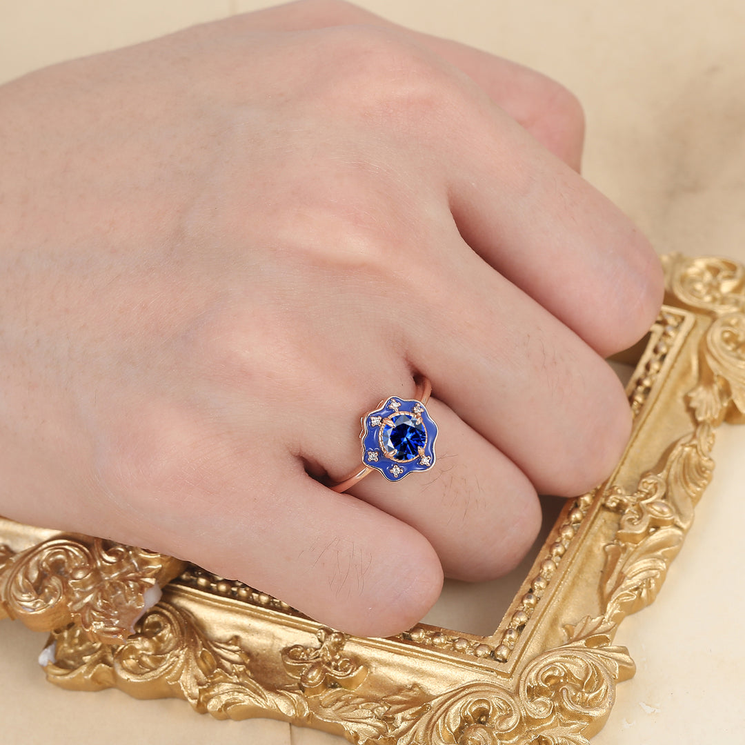 Vintage Style Blue Resin & Round Sapphire Vintage Engagement Ring