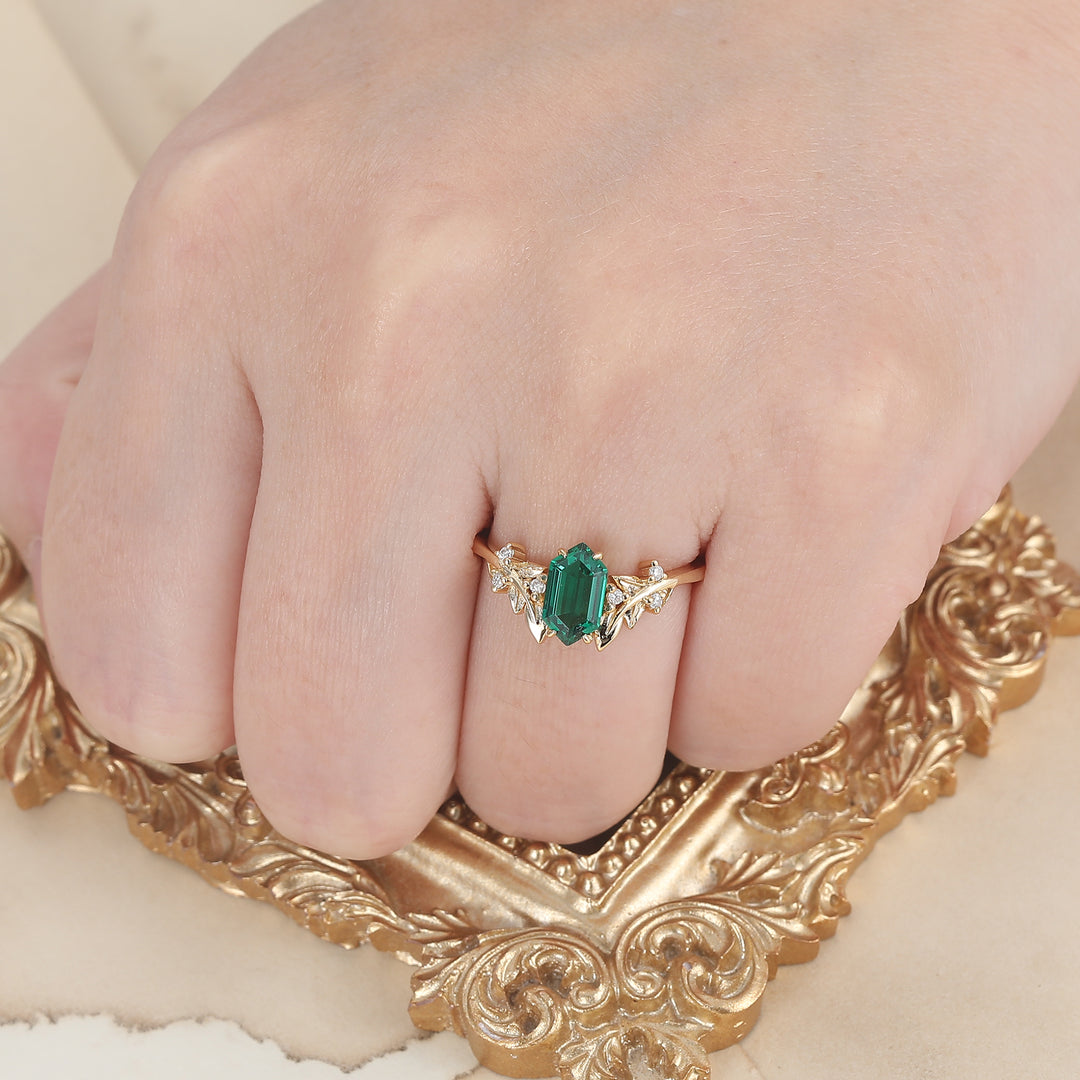 natural Inspired 1.5 CT Oval Cut Emerald Leaf Design Engagement Ring -  Esdomera.com
