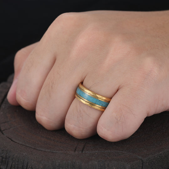 Personalized Turquoise Mens Tungsten Ring 8mm Wide Hammered Men's Band