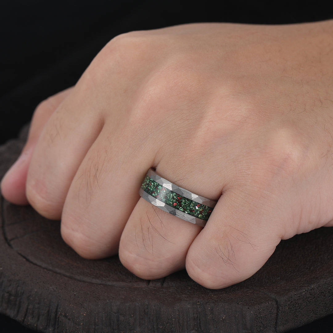 Green Emerald And Ruby Hammered Tungsten Ring 8mm May Birthstone Men's Band