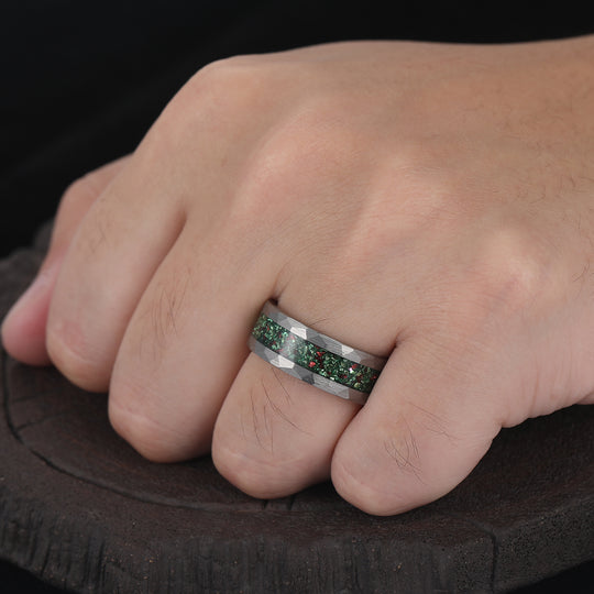 Green Emerald And Ruby Hammered Tungsten Ring 8mm May Birthstone Men's Band