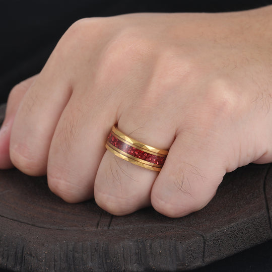 Crushed Red Ruby Black Men's Tungsten Wedding Band 8mm Hammered Ring Unique Promise Ring For Him