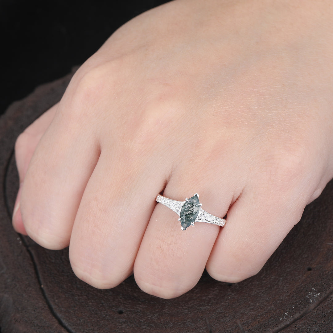 14K Vintage Marquise Solitaire Yellow Gold Natural Moss Agate Engagement Ring Filigree Wedding Ring