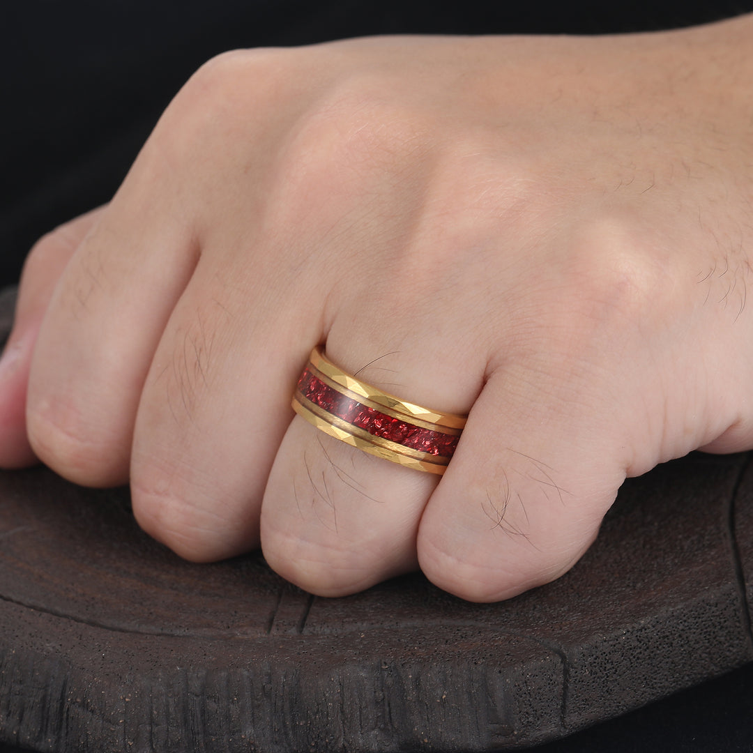 Solitaire Natural Red Garnet Engraved Couple Ring Set Vintage Filigreed Yellow Gold Plated His And Hers Rings