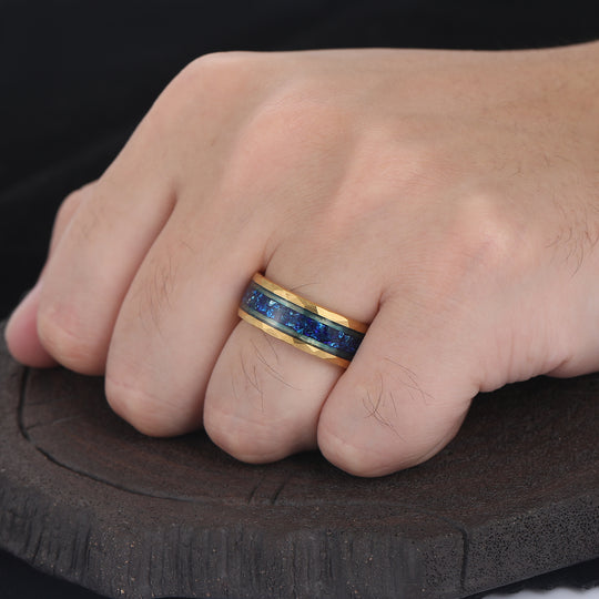 Blue Sapphire Mens Wedding Band Hammered Sapphire Birthstone Tungsten Carbide Ring