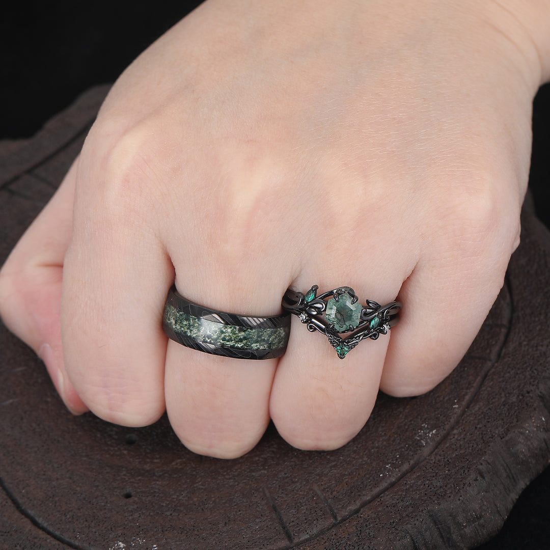 Leaf-inspired Moss Agate Engagement Rings Set For Couples Modern Damascus Steel Anniversary Wedding Band