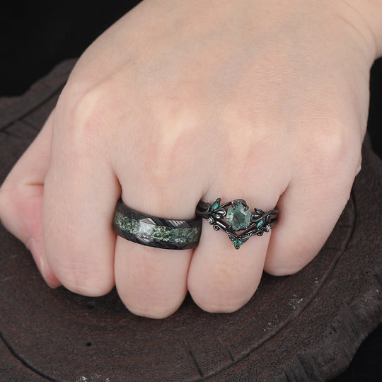 Leaf-inspired Moss Agate Engagement Rings Set For Couples Modern Damascus Steel Anniversary Wedding Band