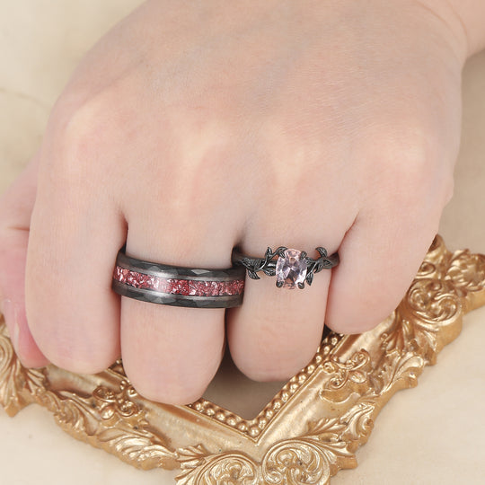 Botanical Solitaire Oval Pink Morganite Black Plated Couple Rings Leaf Design Ring Set