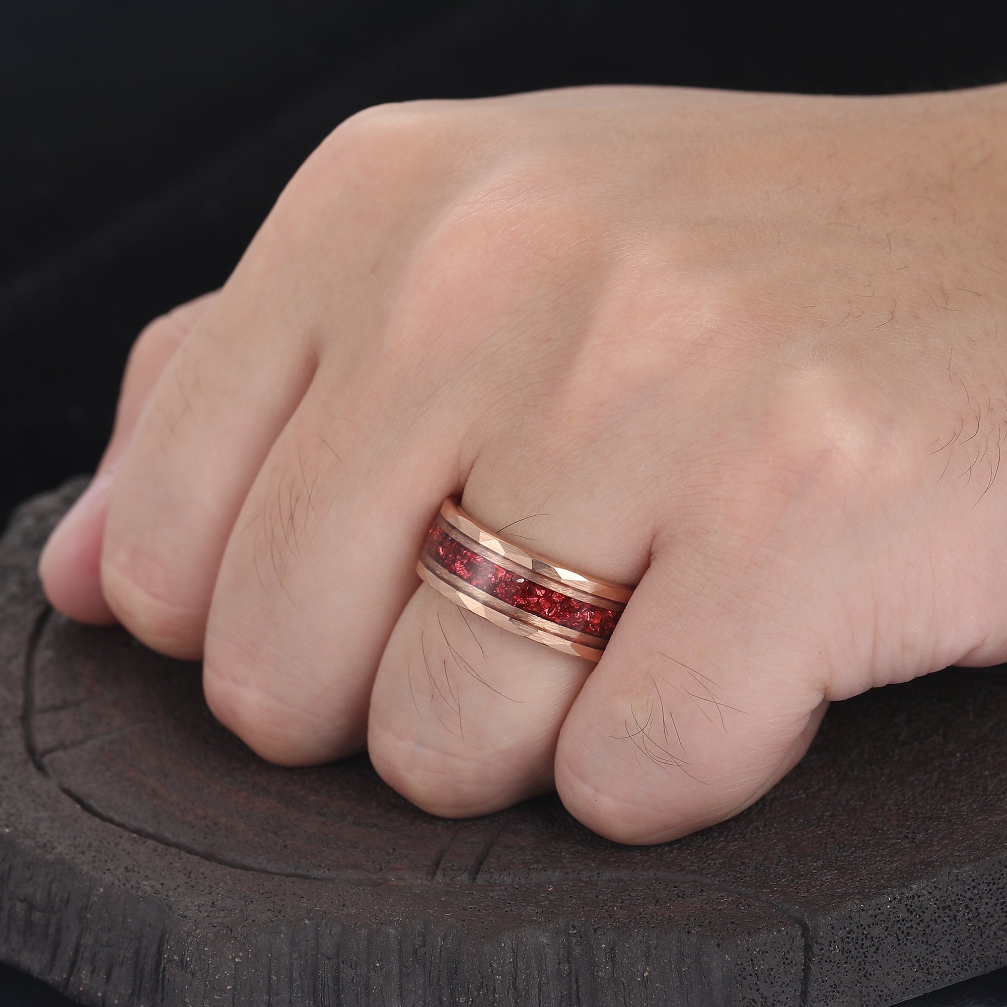 Crushed Red Ruby Black Men's Tungsten Wedding Band 8mm Hammered