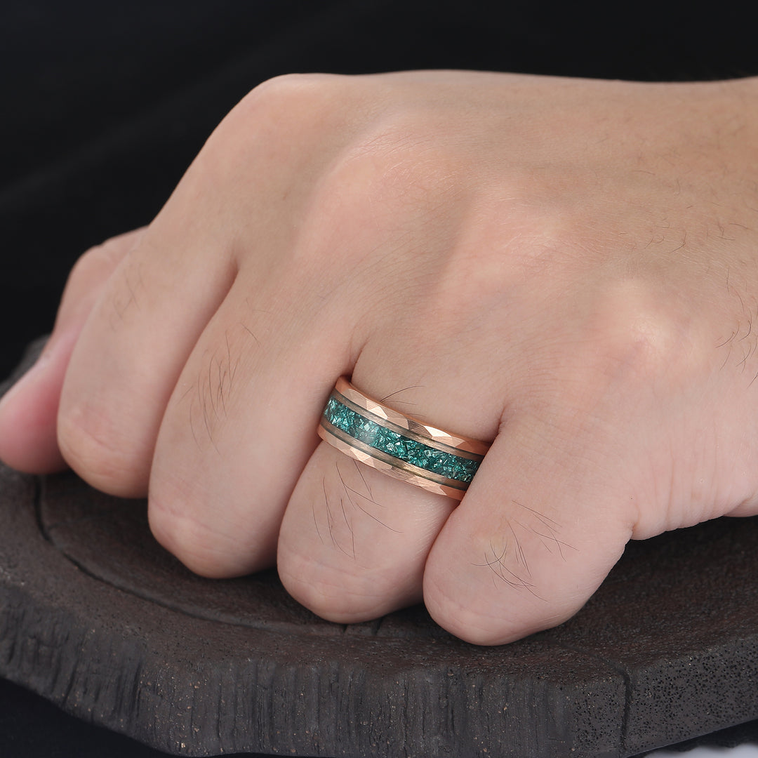 Crushed Aquamarine Tungsten Mens Wedding Band Promise Black Stack Ring Anniversary Ring