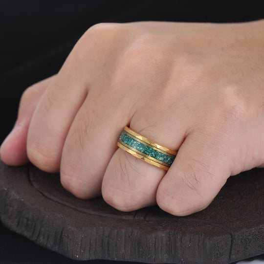 Crushed Aquamarine Tungsten Mens Wedding Band Promise Black Stack Ring Anniversary Ring