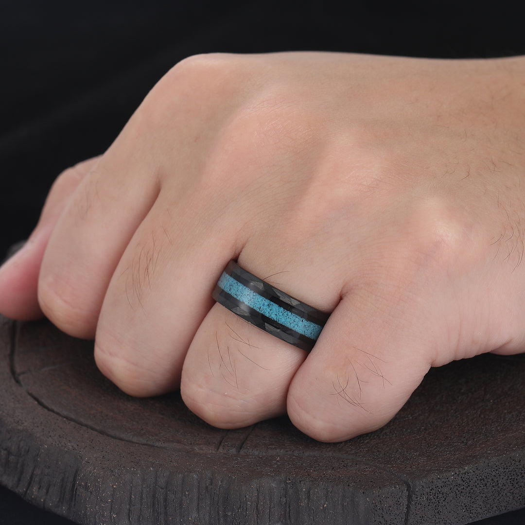 Personalized Turquoise Mens Tungsten Ring 8mm Wide Hammered Men's Band