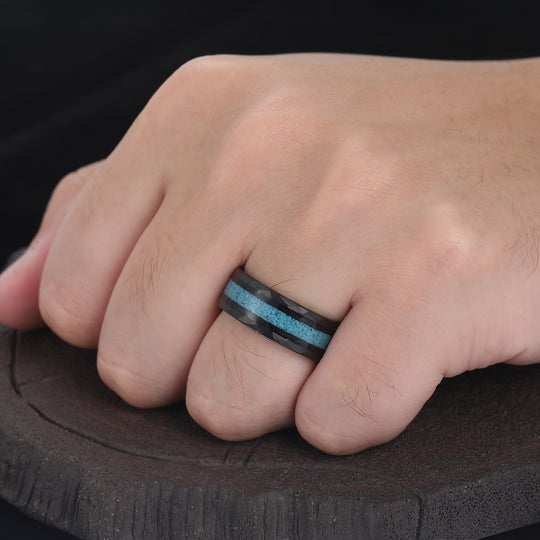 Personalized Turquoise Mens Tungsten Ring 8mm Wide Hammered Men's Band