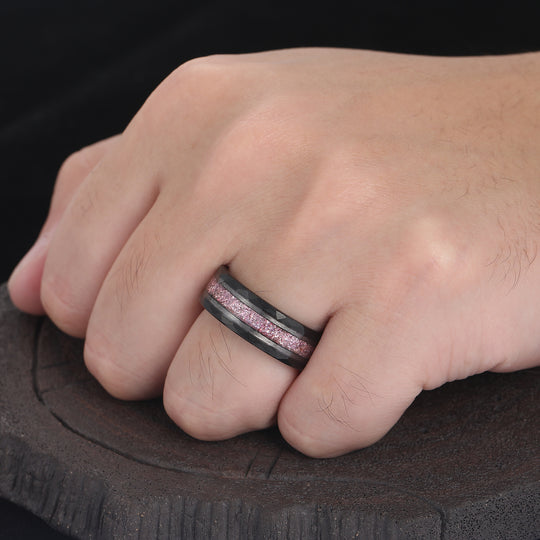 Rose Quartz Mens Wedding Band 8mm Pink Black Handmade Tungsten Ring