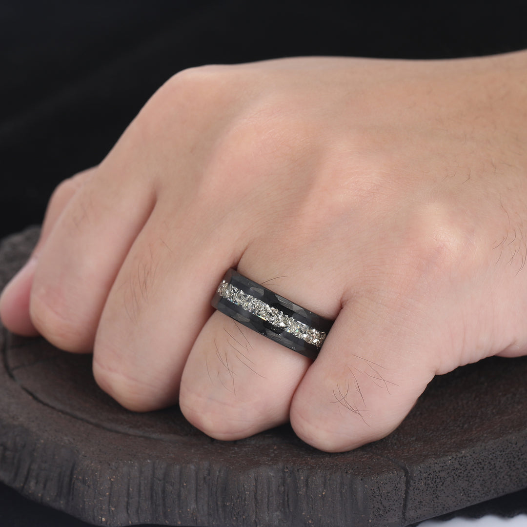 Diamond Dust Ring 8mm Hammered Tungsten Wedding Band April Birthstone Sparkling Band