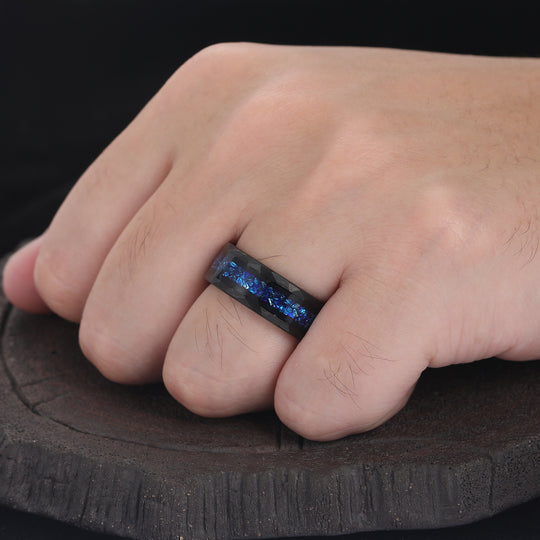Blue Sapphire Mens Wedding Band Hammered Sapphire Birthstone Tungsten Carbide Ring