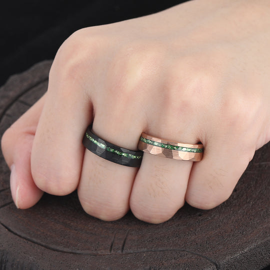 6mm Groene Smaragd Gesmede Wolfraam Paar Ringen Zwart En Roségoud Vergulde Trouwringen
