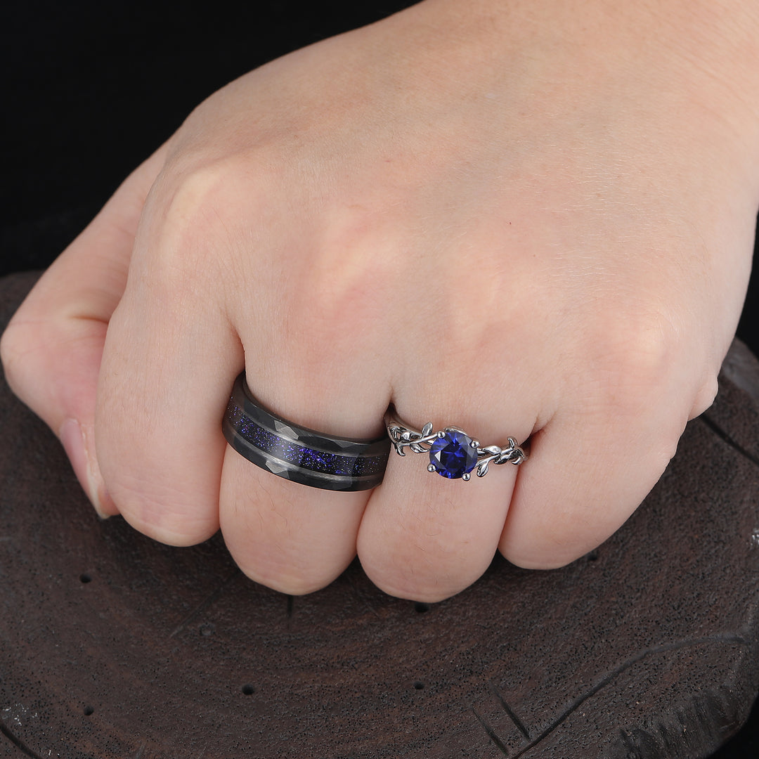 Solitaire Round Blue Sapphire Engagement His and Hers Wedding Band Promise Leaf Matching Couple Rings -  Esdomera.com