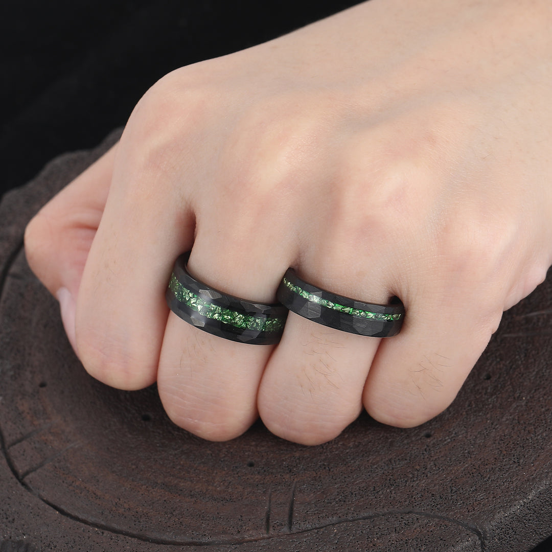 Crushed Green Emerald Tungsten Wedding Band 6mm 8mm Hammered Couple Ring Set