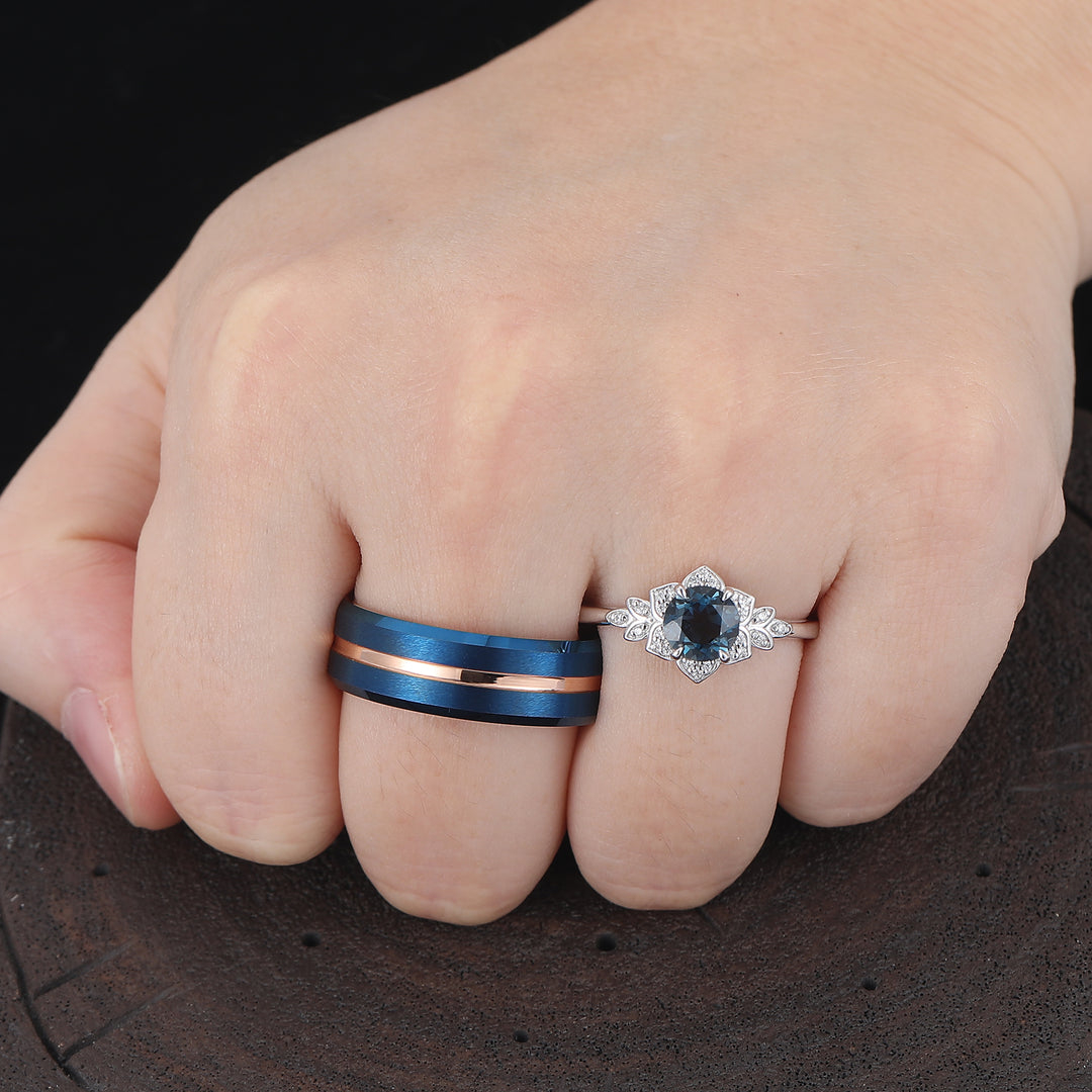London Blue Topaz Cluster Floral Couple Rings Blue And Rose Gold Plated Rings For Him For Her