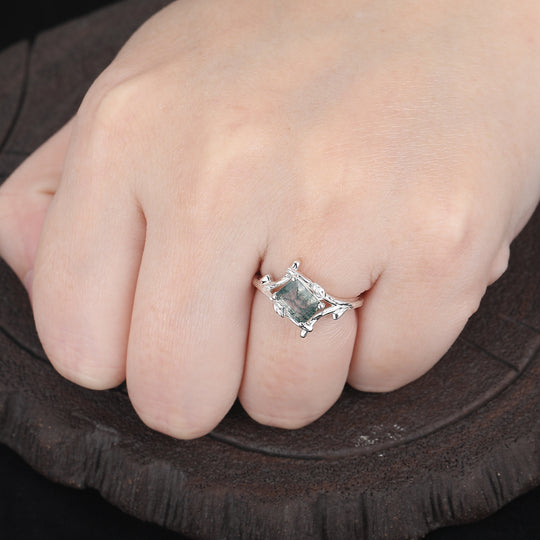 Artistic Emerald Cut Moss Agate Textured Branches Couples Ring Set Tungsten His and Hers Wedding Band -  Esdomera.com