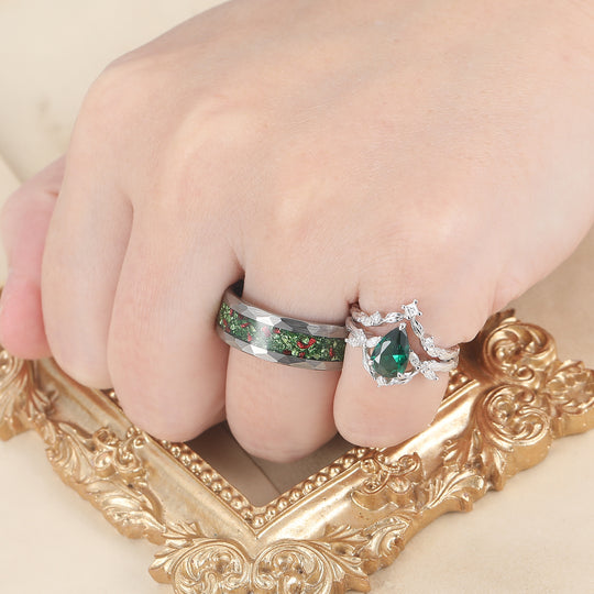 Exquisite Emerald Leaf Branch Couple Ring Set 3pcs Green His And Hers Rings Matching Ring For Women -  Esdomera.com