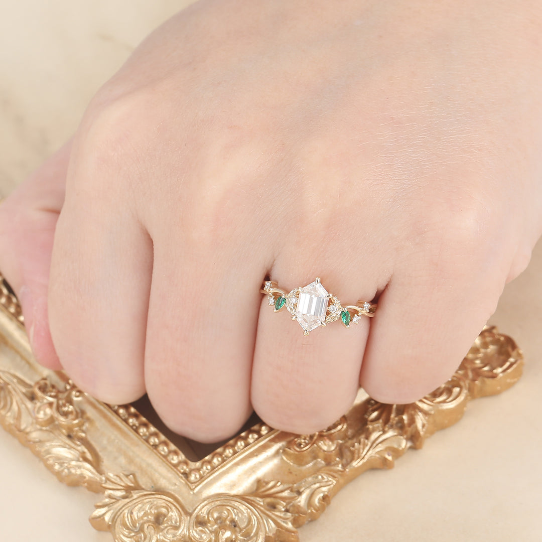 Unique 1.1 CT Long Hexagon Cut  Moissanite Art Deco Leaf Gold & 925 Sliver Engagement Ring -  Esdomera.com