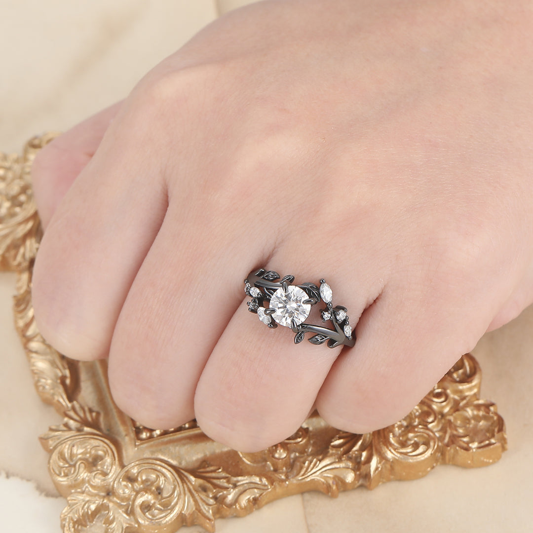 Vintage-Ring-Set für Paare mit schwarzer Beschichtung, natürlichem Moosachat, Birnenform und schwarzem Obsidian
