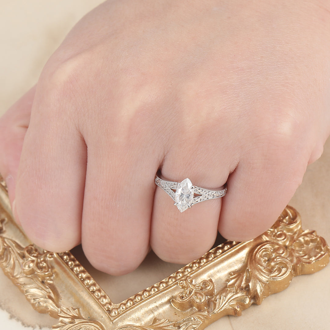 Solitaire 1CT Marquise Cut Moissanite Filigree Ring Vintage Split Shank Moissanite Bridal Ring -  Esdomera.com