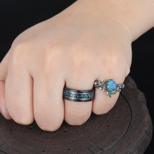 Nature-inspired Design Peacock Green Opal Sprig Engagement Rings Set For Couples Matching Tungsten Promise Rings Couples Set -  Esdomera.com