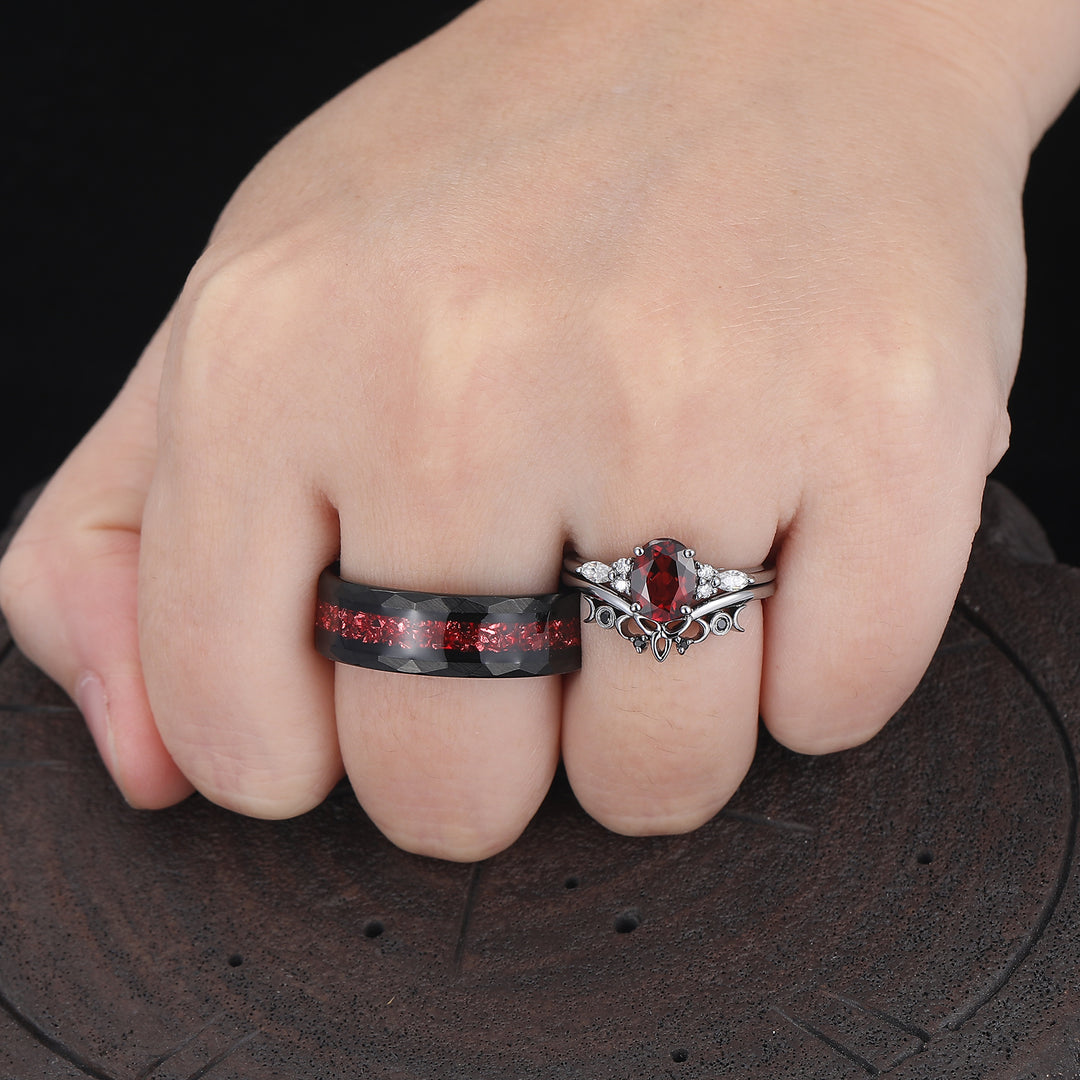 Vintage Oval Red Garnet Tungsten Ruby Couples Ring Set 925 Sterling Sliver Black His and Hers Wedding Band