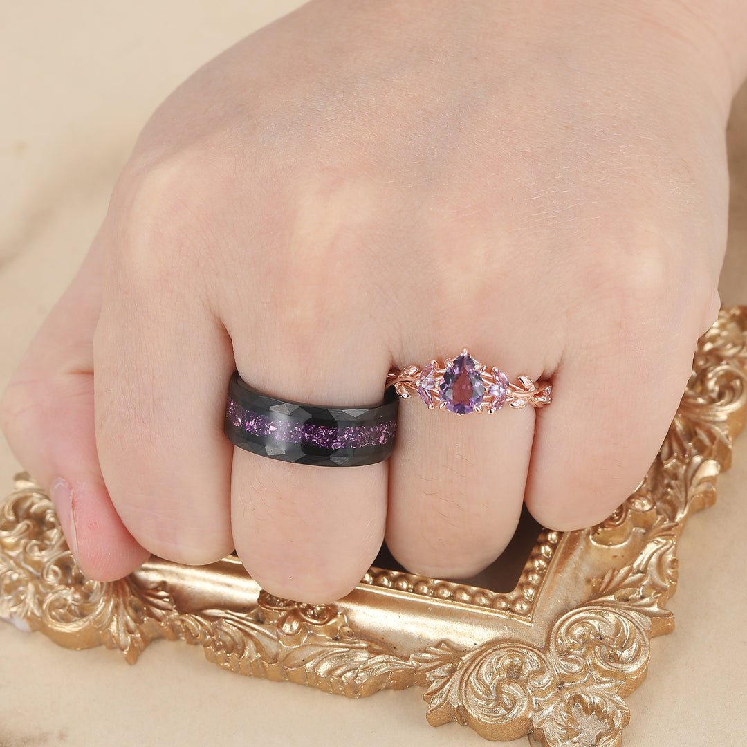 Leaf Design Purple Amethyst His And Hers Wedding Rings Natural Inspired Amethyst Couple Rings