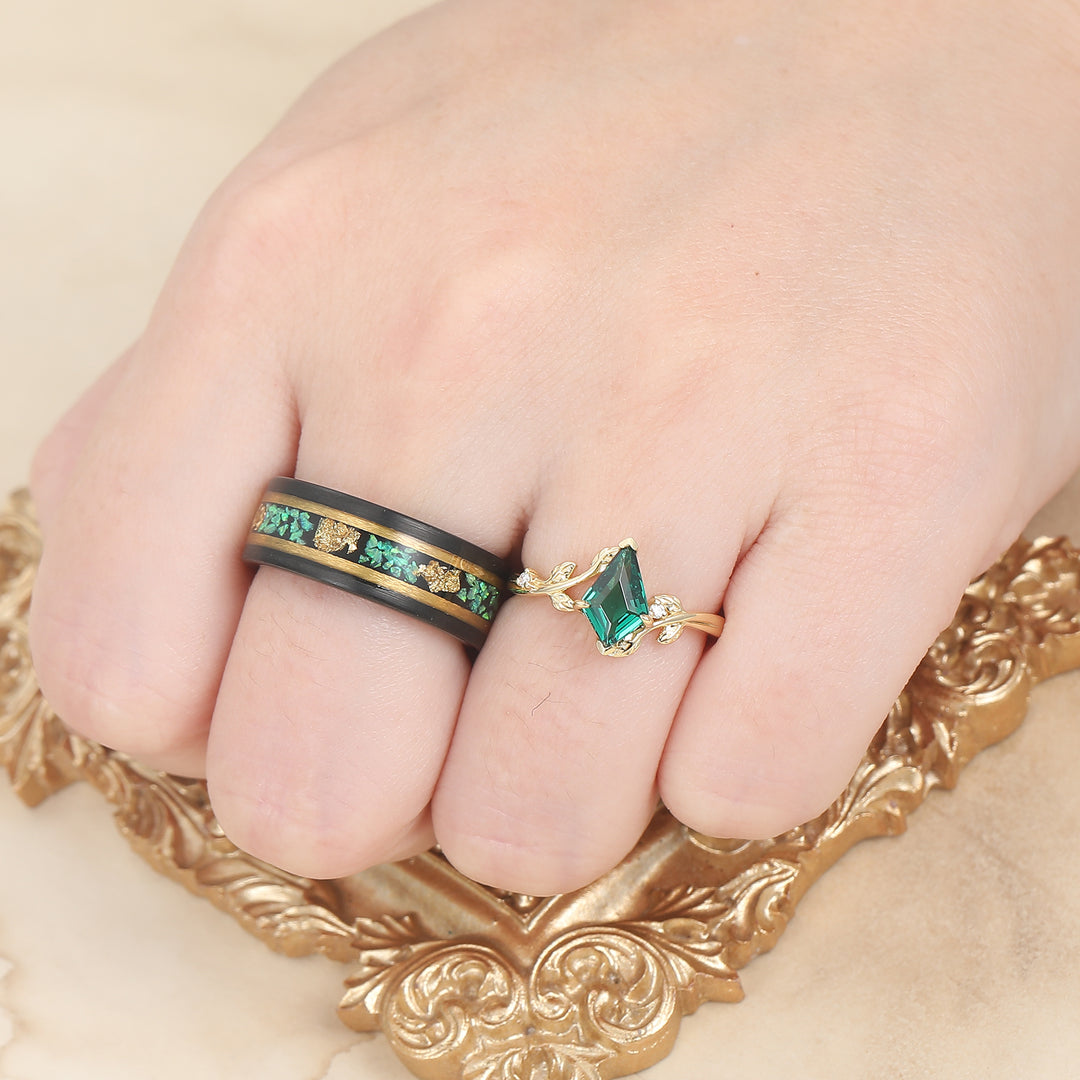 Art Deco Drachen Schliff Smaragd S925 Gelbgold plattierte Versprechensringe für Paare Wolfram Ring Set