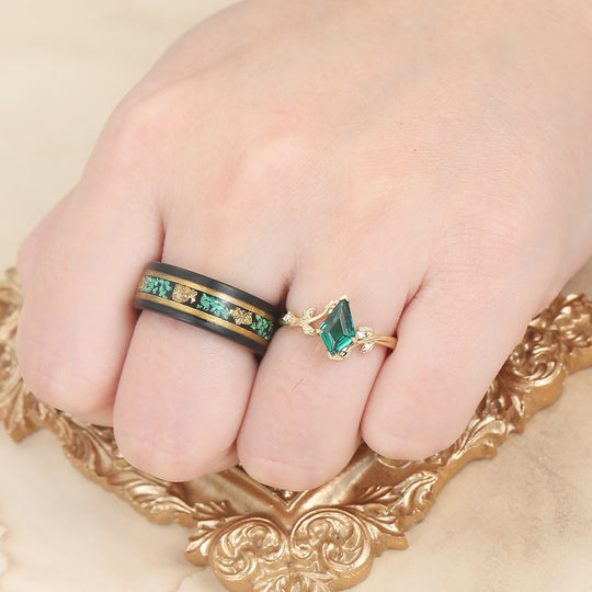 Art Deco Drachen Schliff Smaragd S925 Gelbgold plattierte Versprechensringe für Paare Wolfram Ring Set