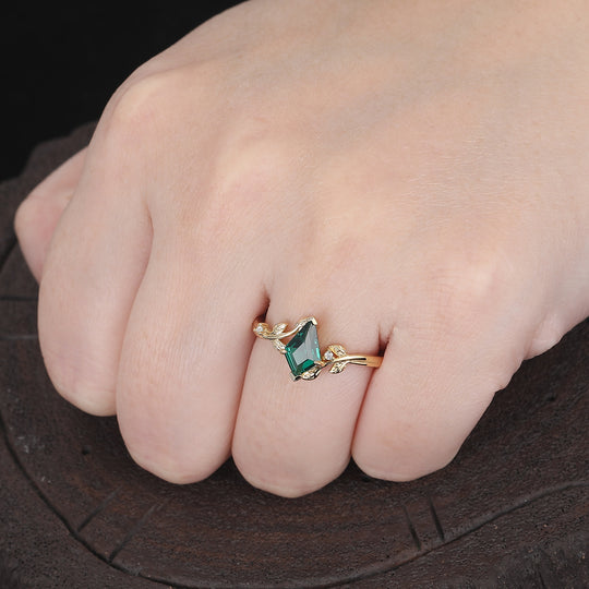 14k Rose Gold Kite Cut Art Deco Leaf Vines Shape Emerald Emerald Engagement Ring -  Esdomera.com