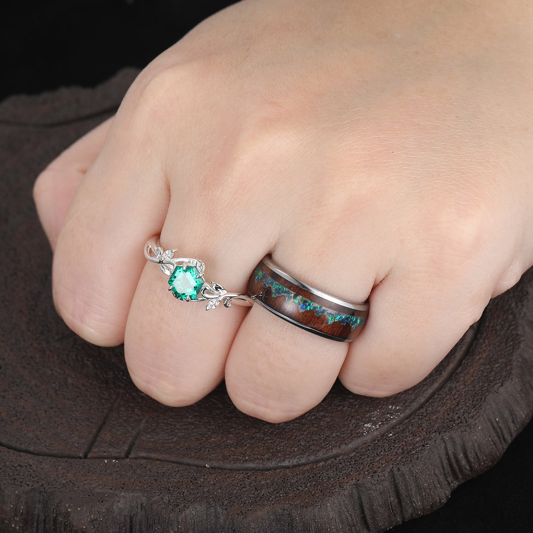 Blatt-inspirierter grüner Smaragd-Paarring Grüner Zweig-Ring für Sie Holz-Tungsten-Ring für Ihn